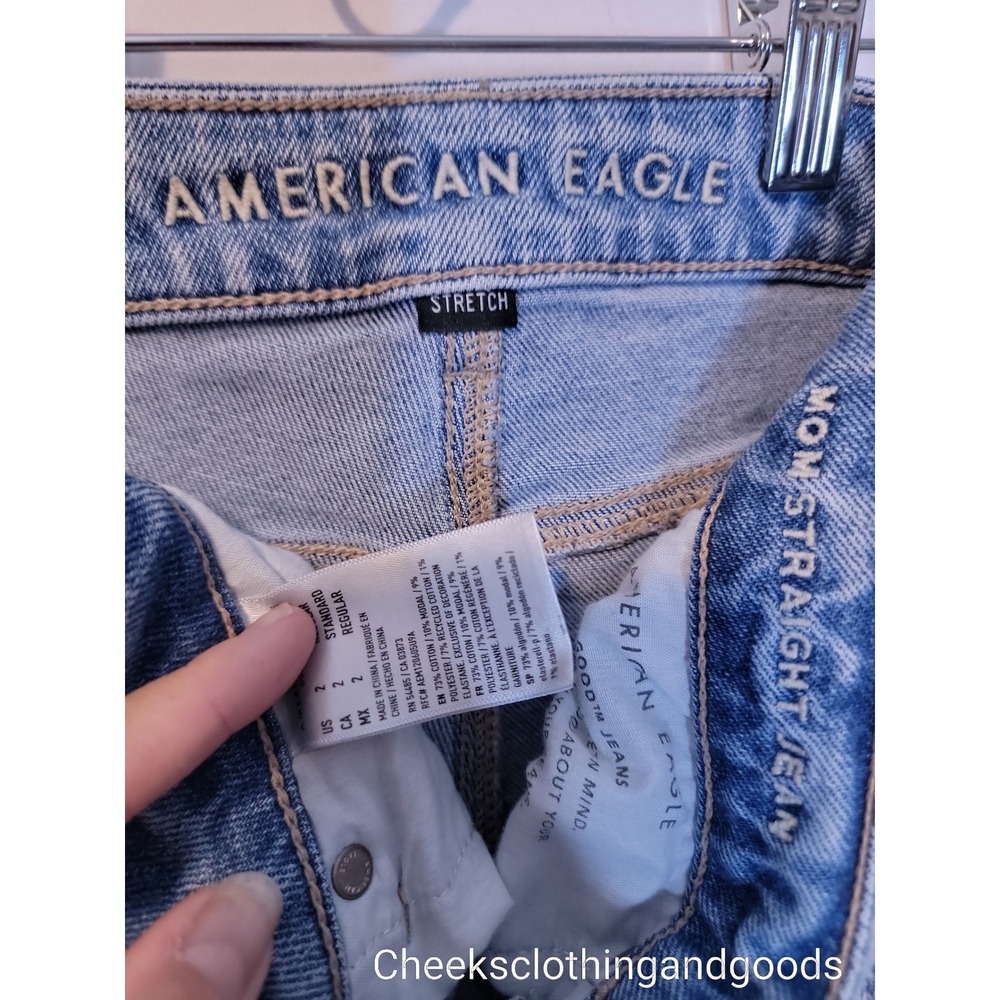 American Eagle Mom Straight Jeans Womens 2 Regular Distressed High Rise Stretch - Picture 4 of 6
